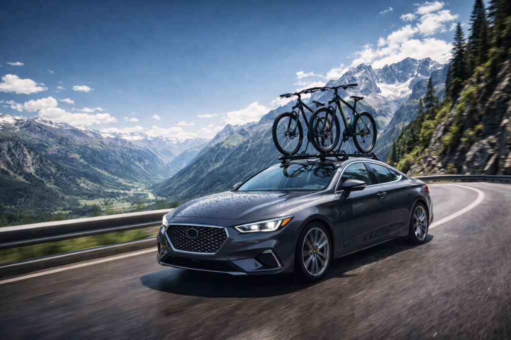 Sedan-en-carretera-de-montana-con-bicicletas